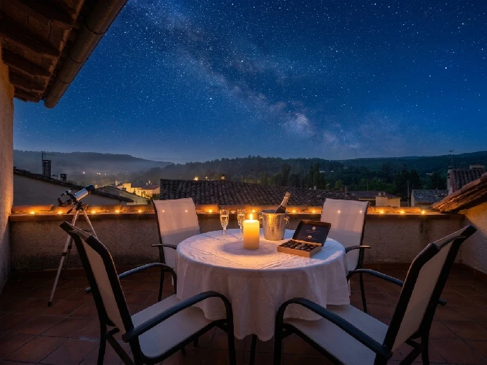 Terraza privada de noche con telescopio, El Ático del Astrónomo